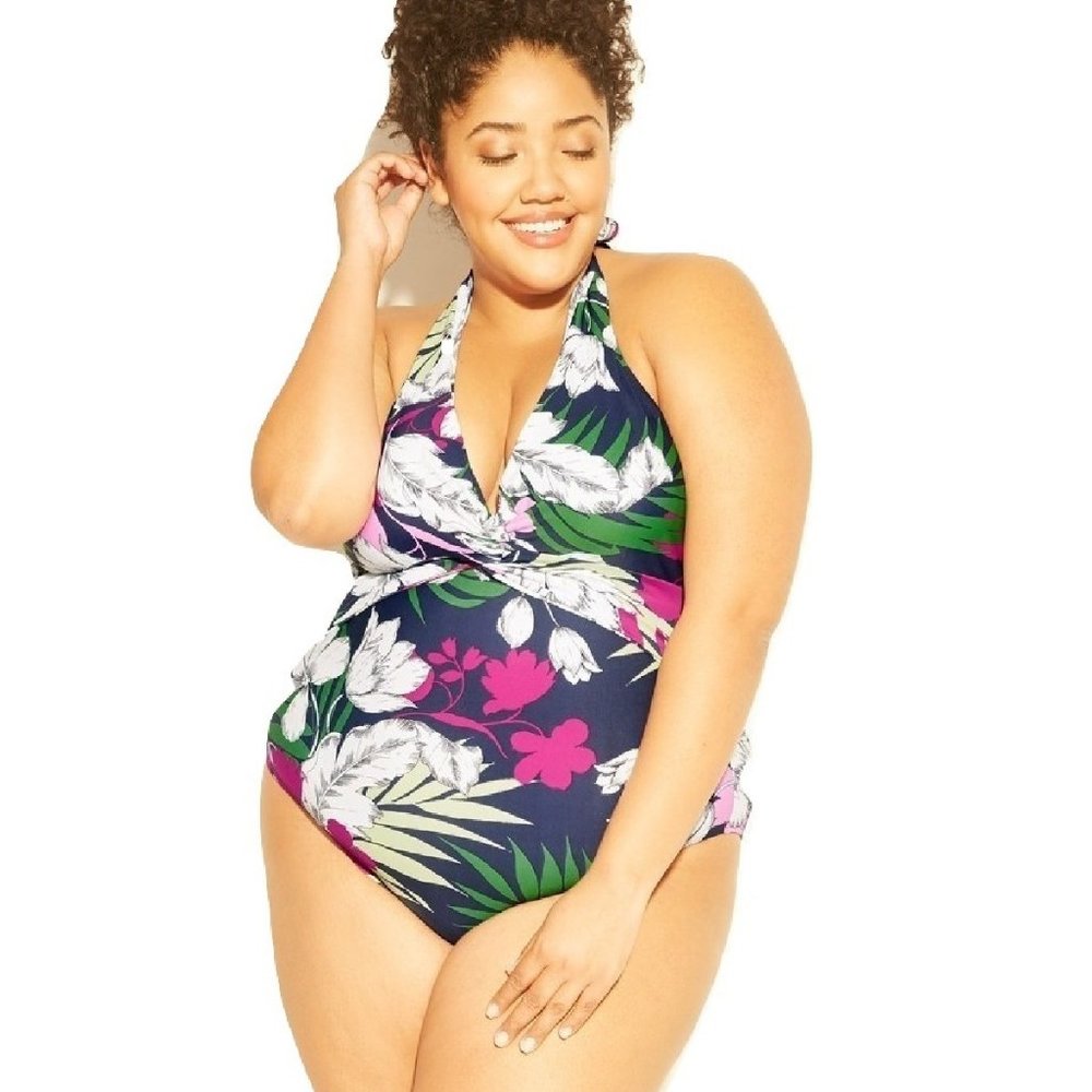 Kona Sol Women's Plus Size Twist Front One Piece Swimsuit Navy Floral 26W
